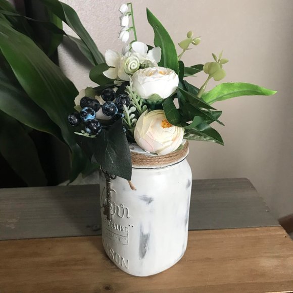 Handmade Cream-Colored Floral Arrangement in Metallic Silver & White Kerr Jar - Picture 4 of 6